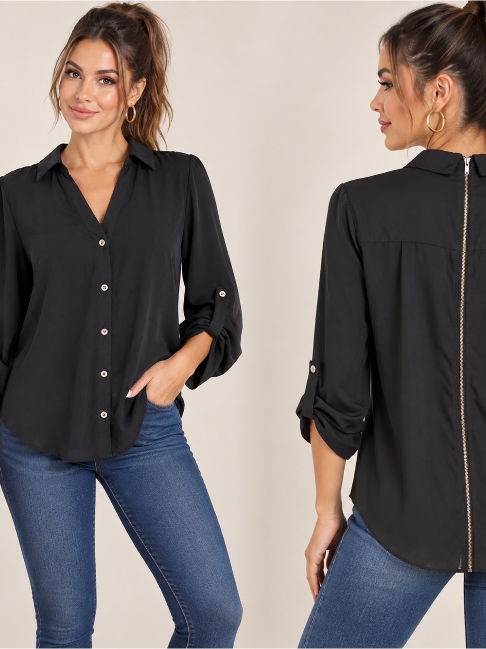 Chocolate Black Button-Front Blouse with Back Zip Detail